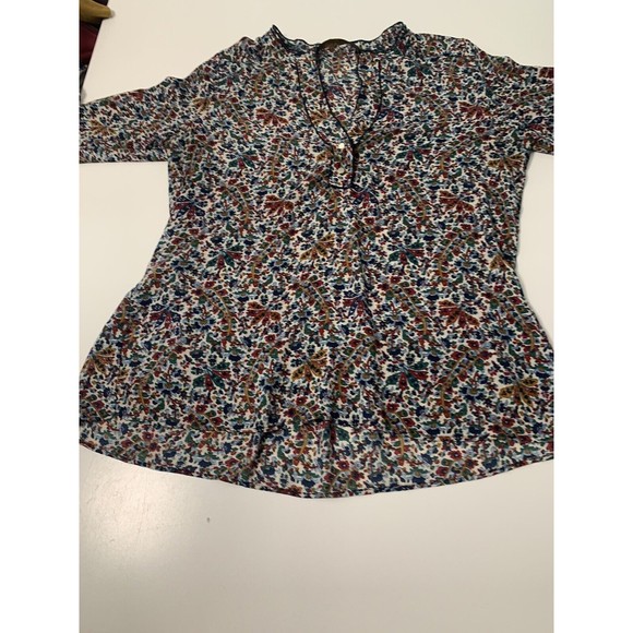 Zara Basic Boho Floral Navy Blue Red Gold Green Popover Blouse Top Shirt Size M - Picture 10 of 14